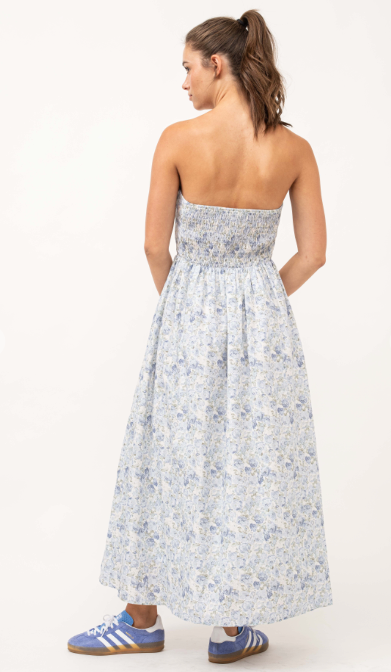 Strapless Blue Floral Midi Dress