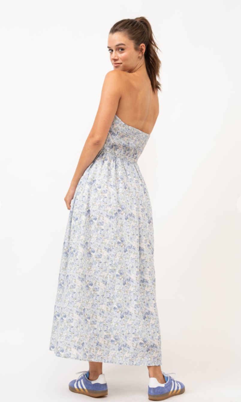 Strapless Blue Floral Midi Dress
