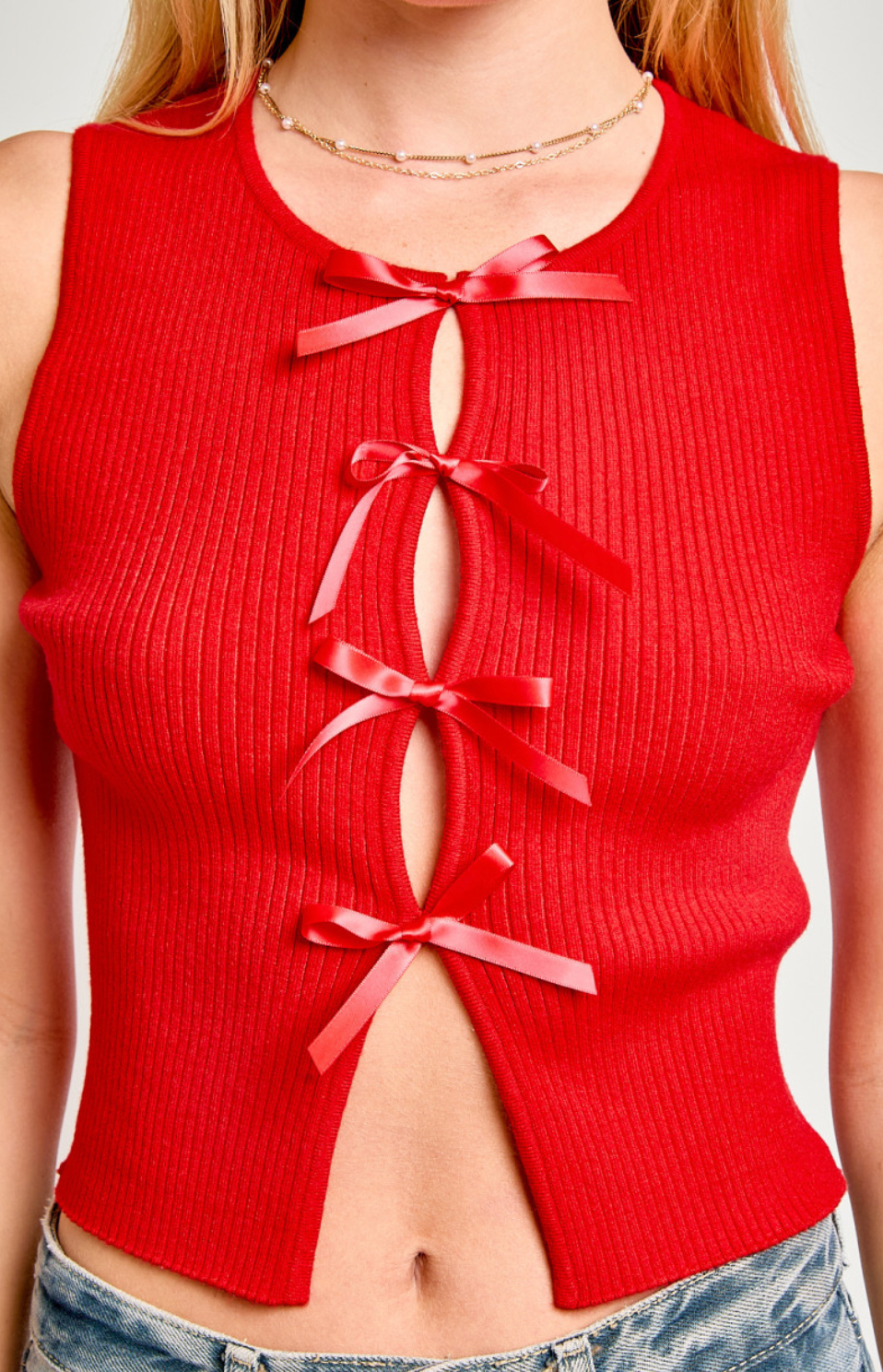 Satin Bow Detail Tank Red