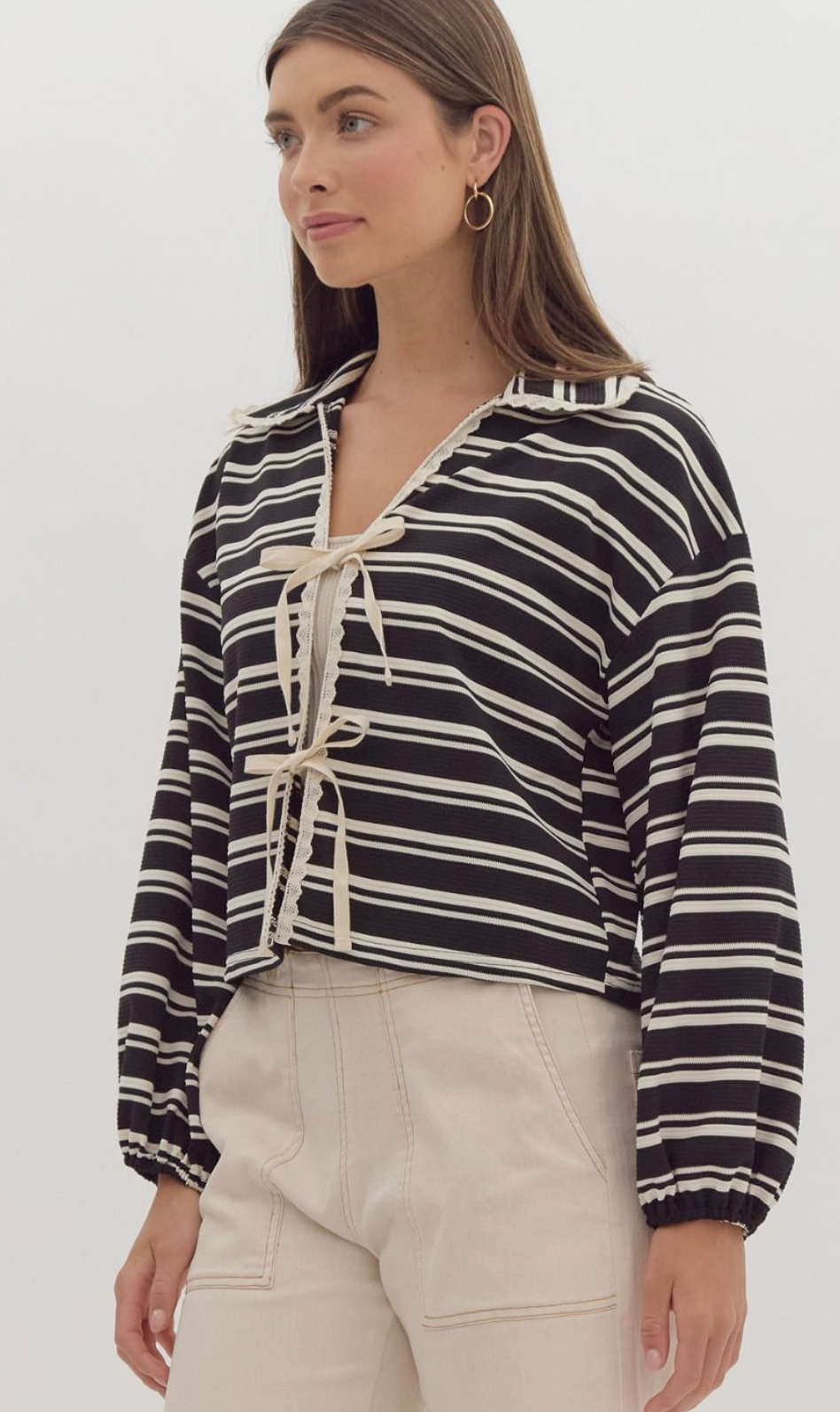 Tie Front Striped Collar Top