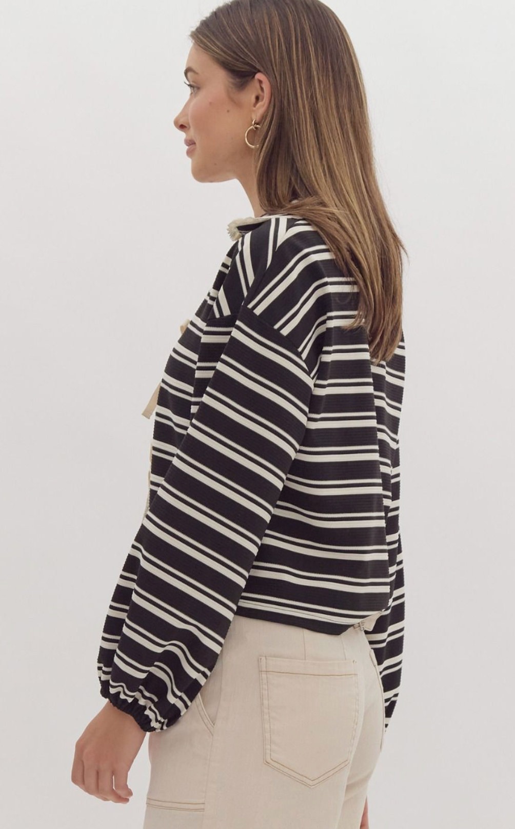 Tie Front Striped Collar Top
