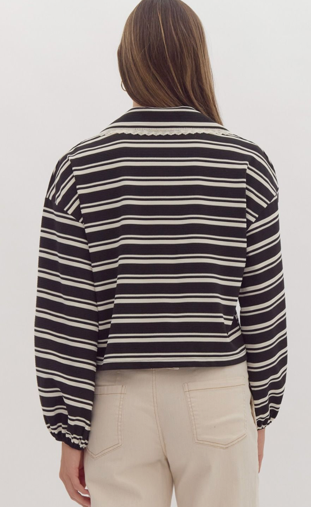 Tie Front Striped Collar Top