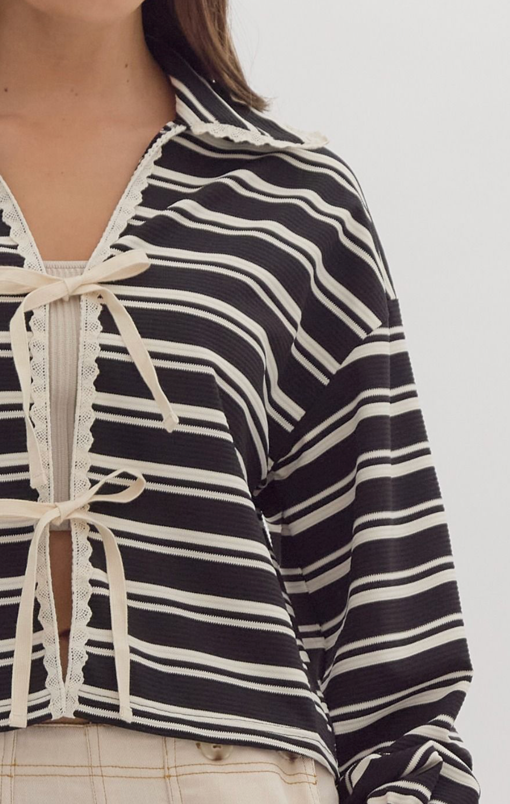 Tie Front Striped Collar Top