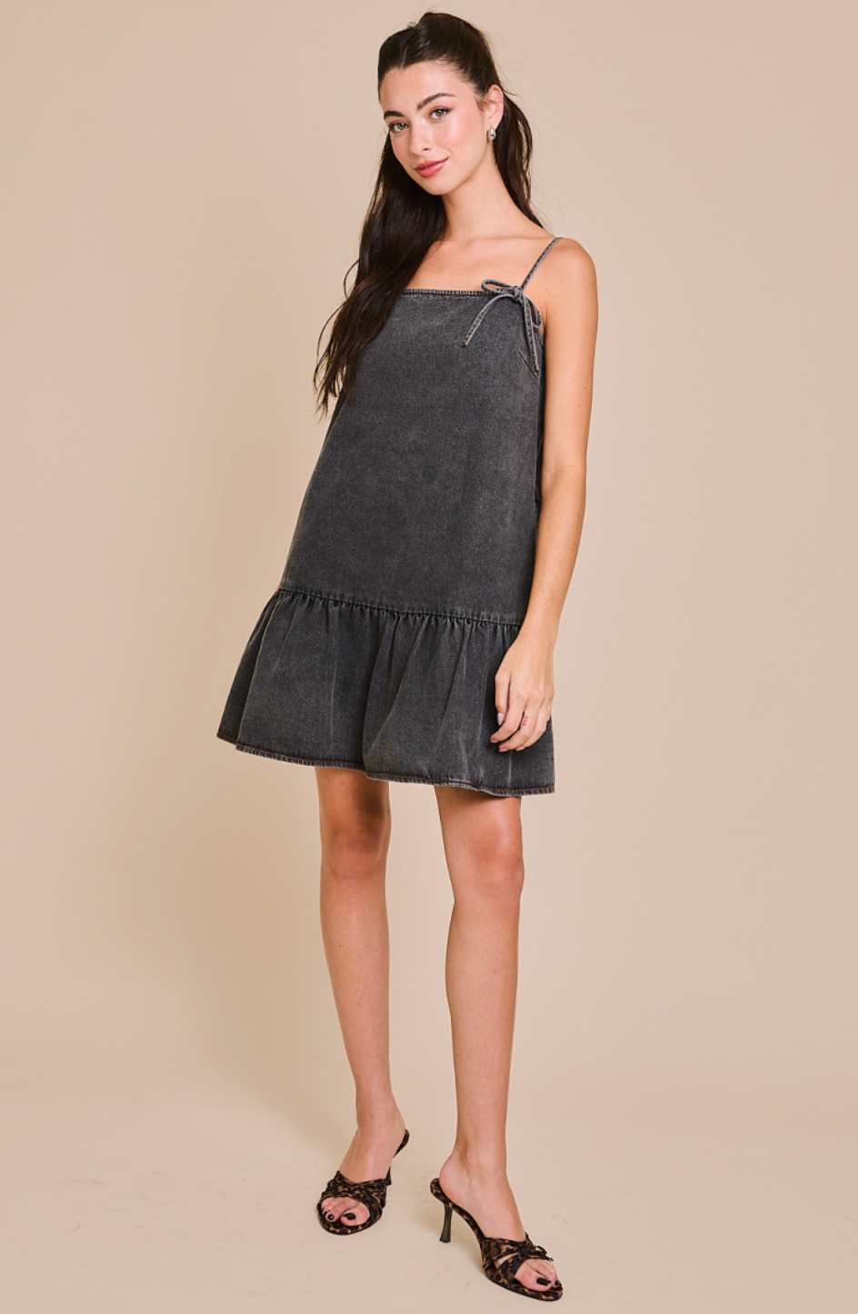 Bow Straps Charcoal Denim Dress