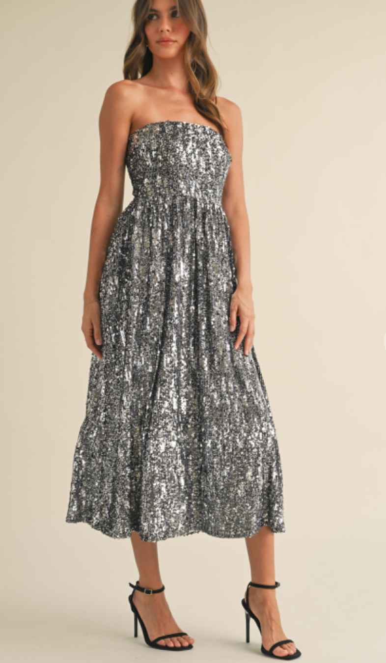 Sequin Strapless Midi Dress