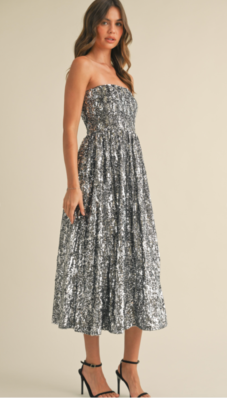 Sequin Strapless Midi Dress