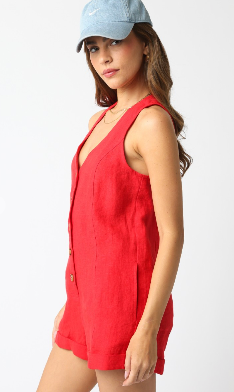 Jen Button Down Romper Red