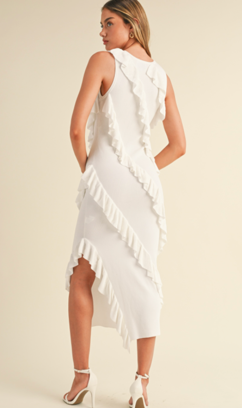 Asymmetrical Ruffle Midi Dress White