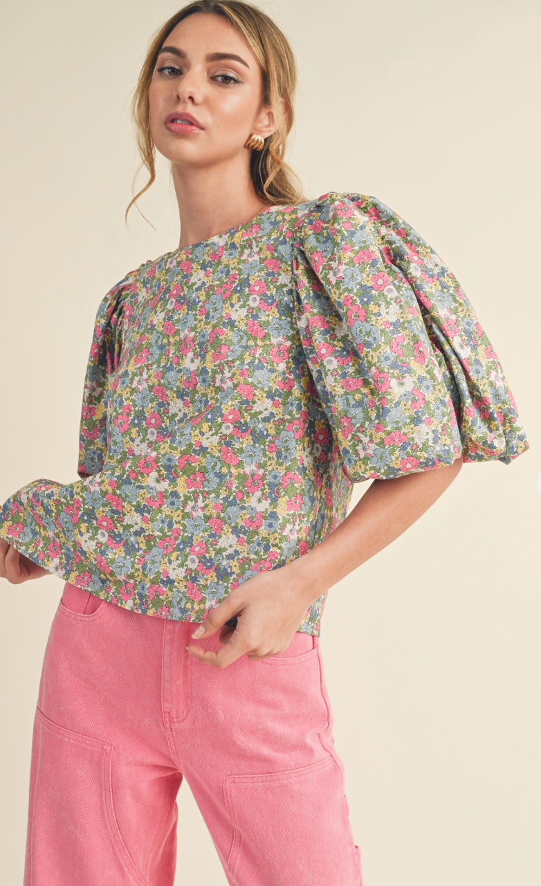 Floral Open Back Puff Sleeve Top