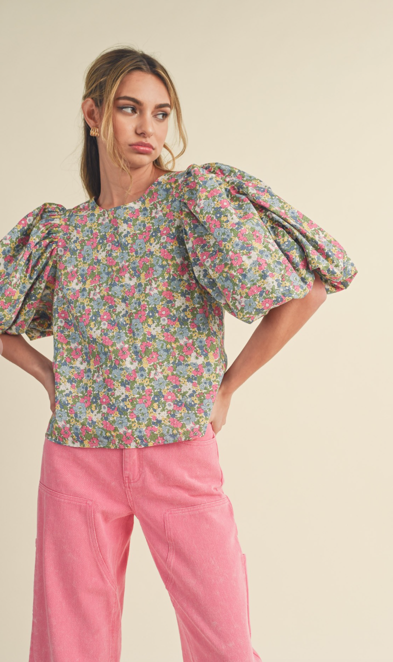 Floral Open Back Puff Sleeve Top