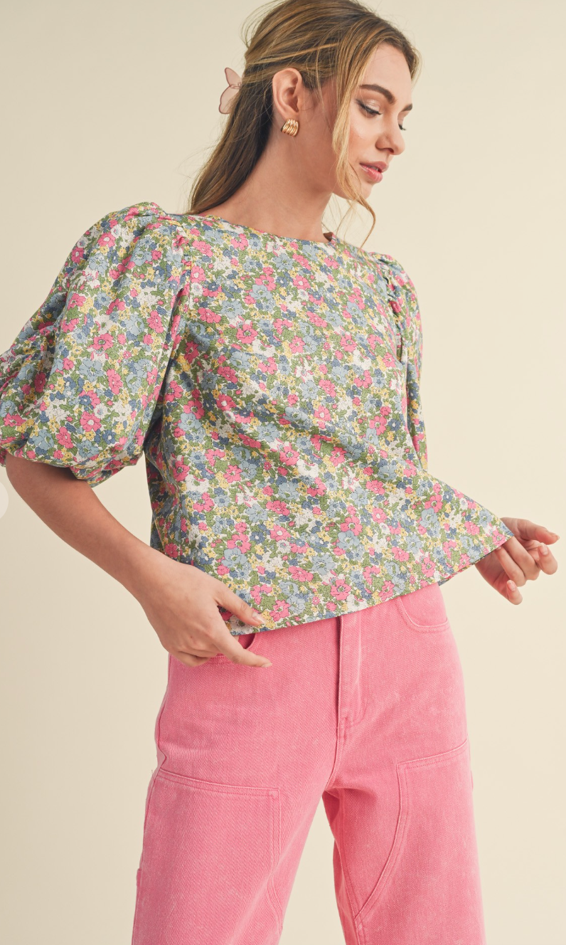 Floral Open Back Puff Sleeve Top