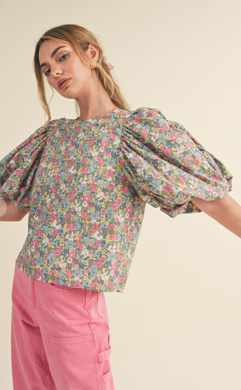 Floral Open Back Puff Sleeve Top