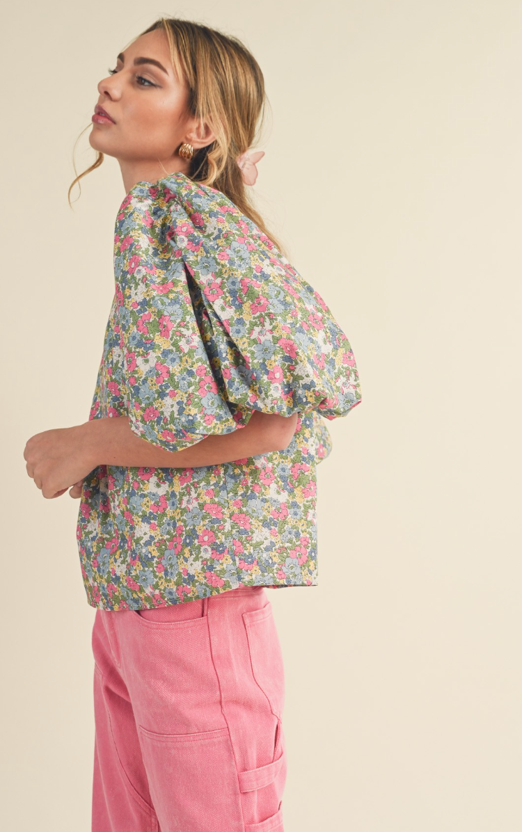 Floral Open Back Puff Sleeve Top