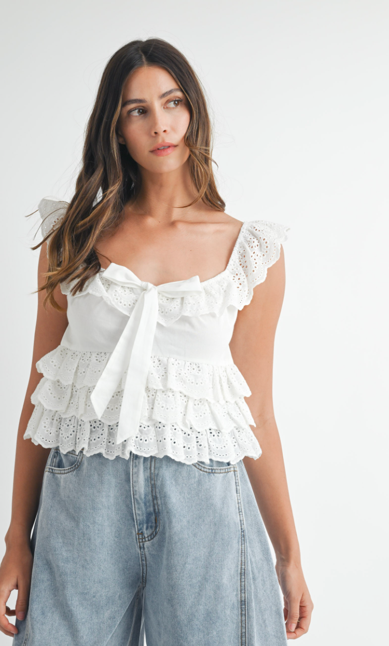 Paige Eyelet Ruffle Top White