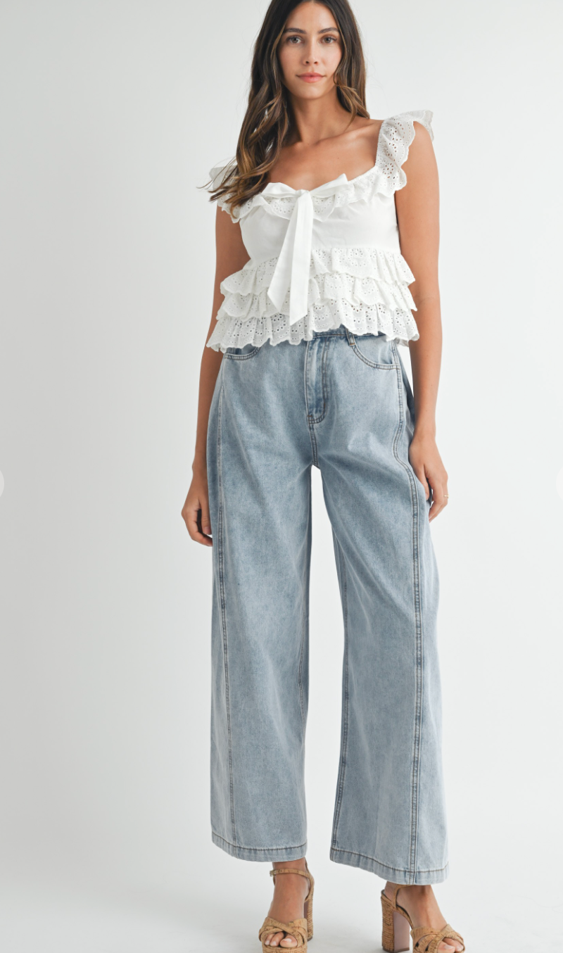 Paige Eyelet Ruffle Top White