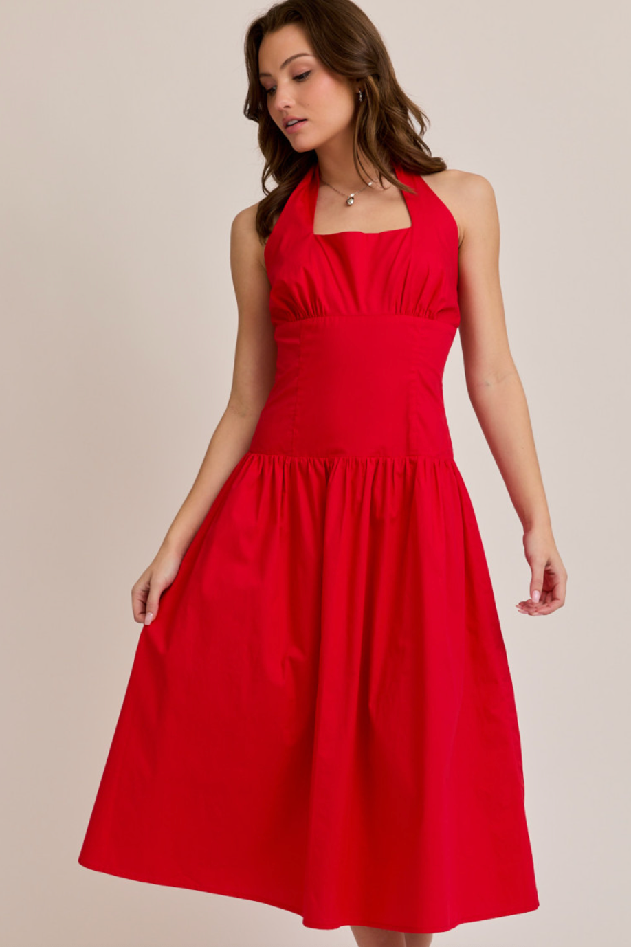 Red Halter Midi Dress