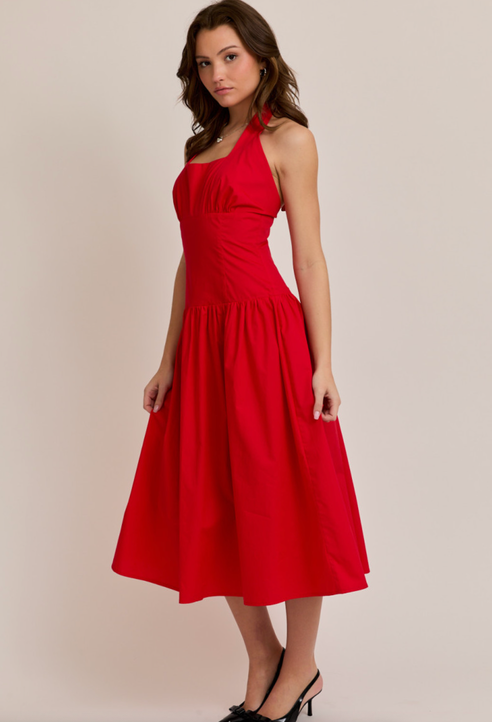Red Halter Midi Dress