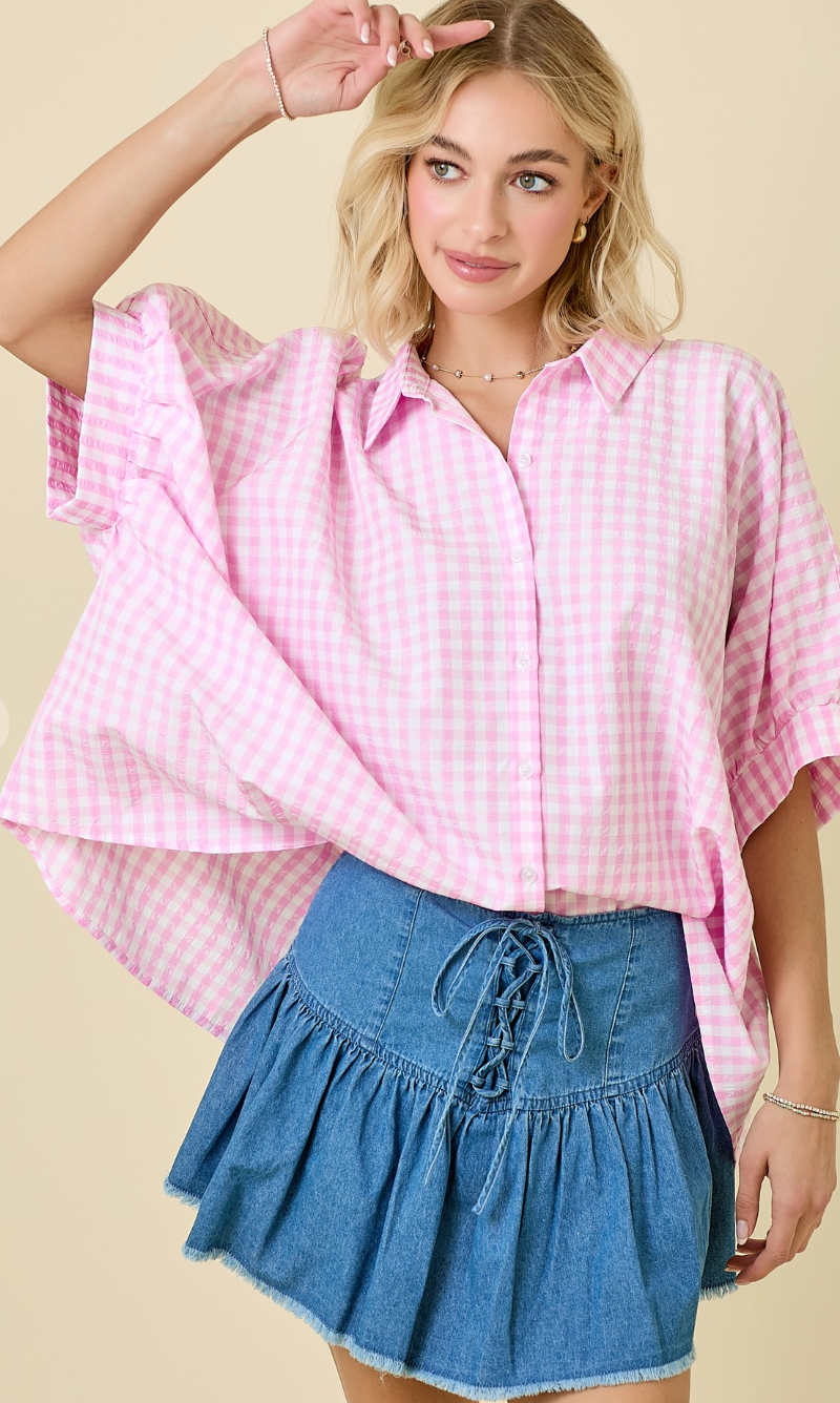 Pink Gingham Dolman Shirt