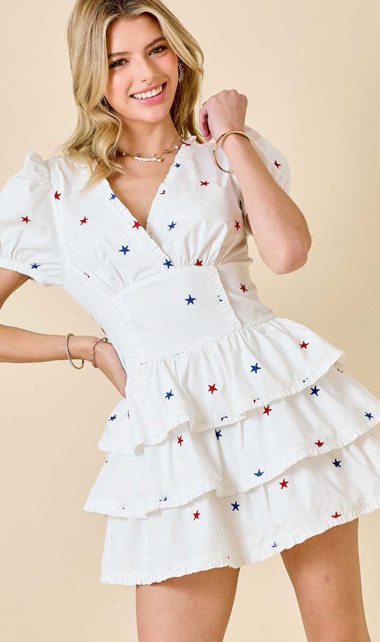 Star Embroidered Ruffle Romper Dress