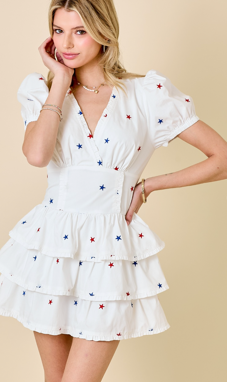 Star Embroidered Ruffle Romper Dress