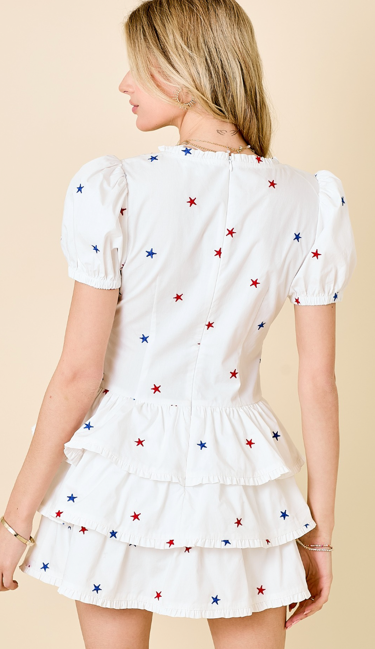 Star Embroidered Ruffle Romper Dress