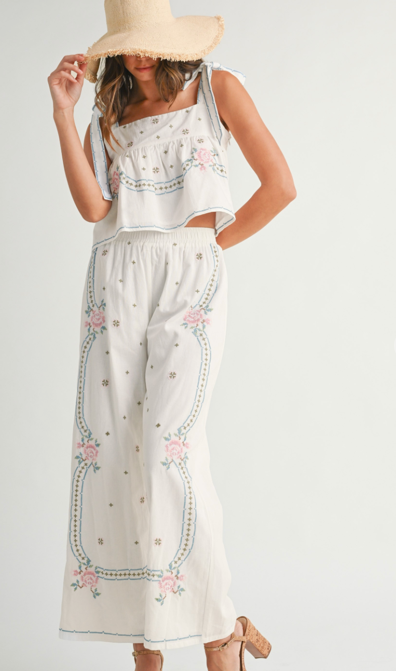 Embroidered Tie Strap Top & Pants Set of 2