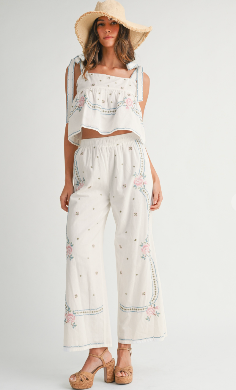 Embroidered Tie Strap Top & Pants Set of 2