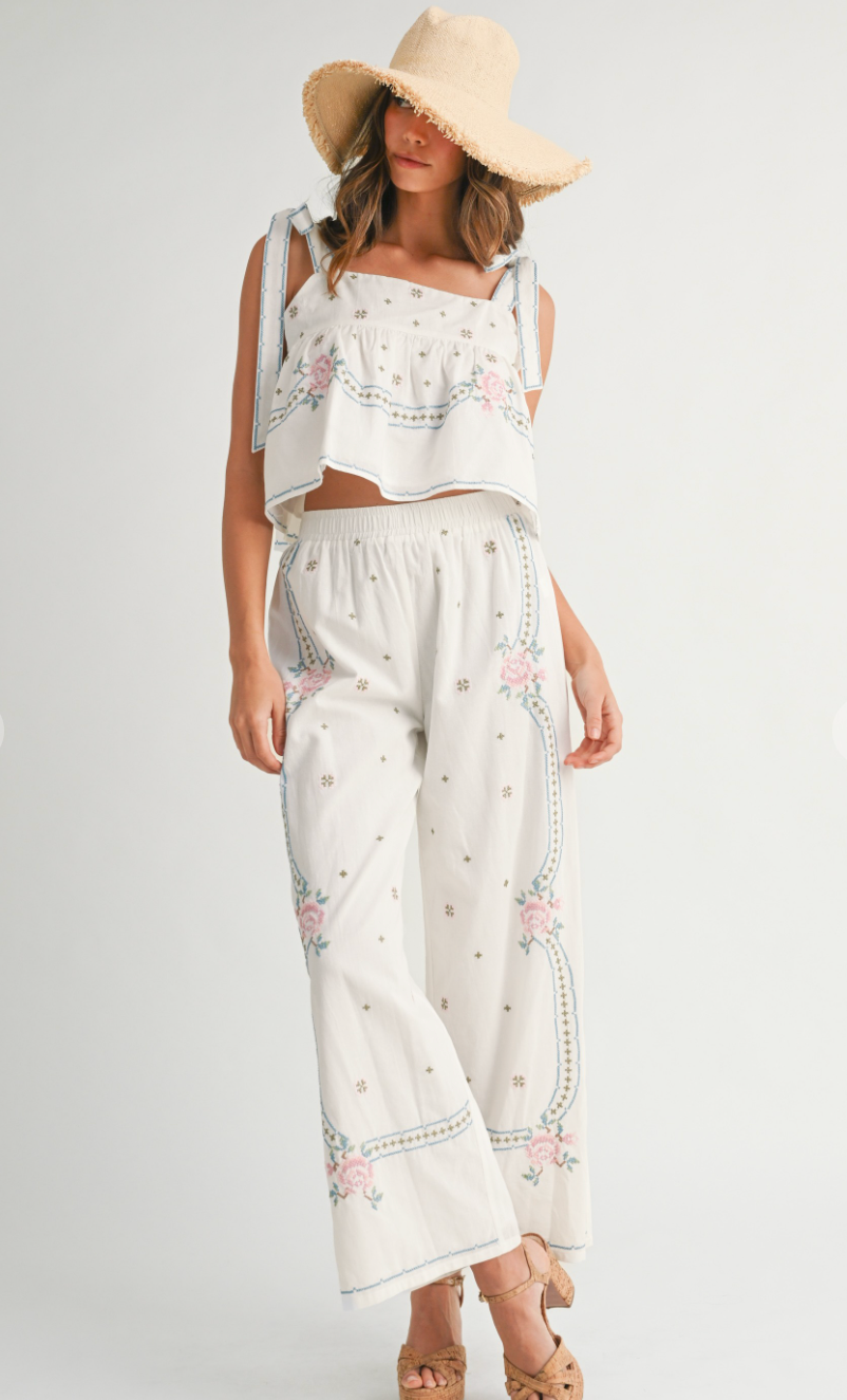 Embroidered Tie Strap Top & Pants Set of 2