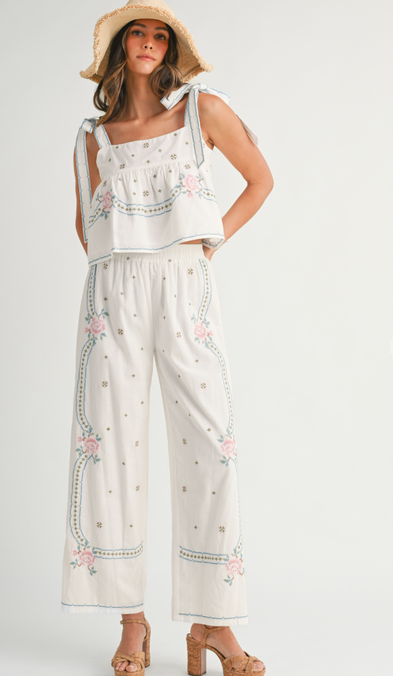 Embroidered Tie Strap Top & Pants Set of 2