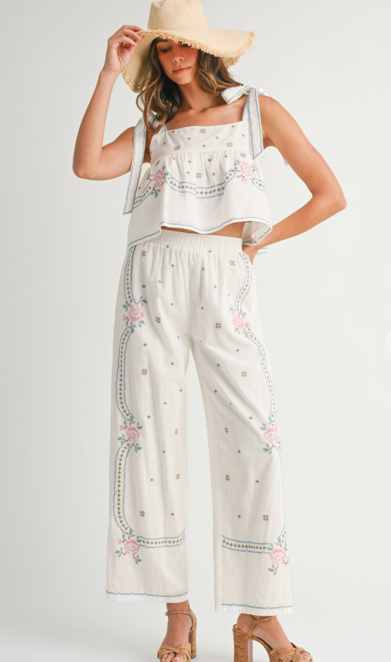 Embroidered Tie Strap Top & Pants Set of 2