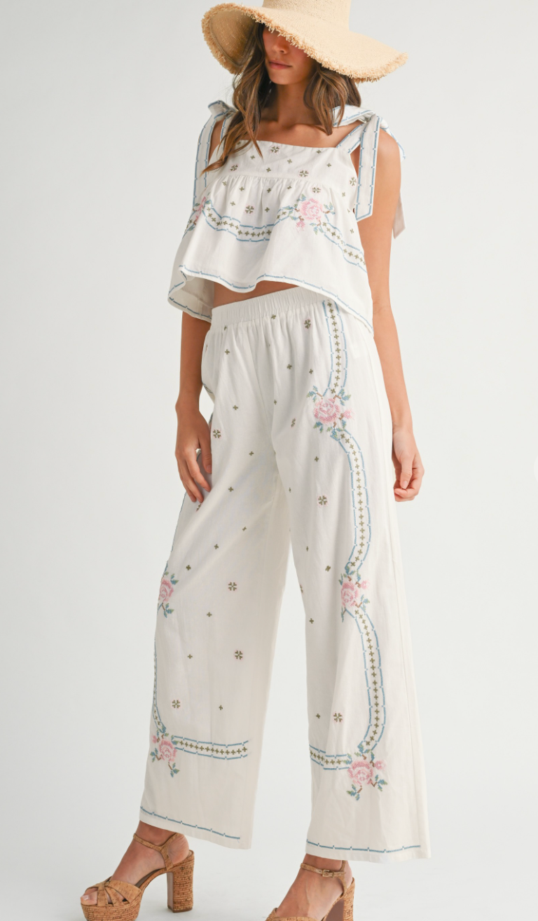 Embroidered Tie Strap Top & Pants Set of 2