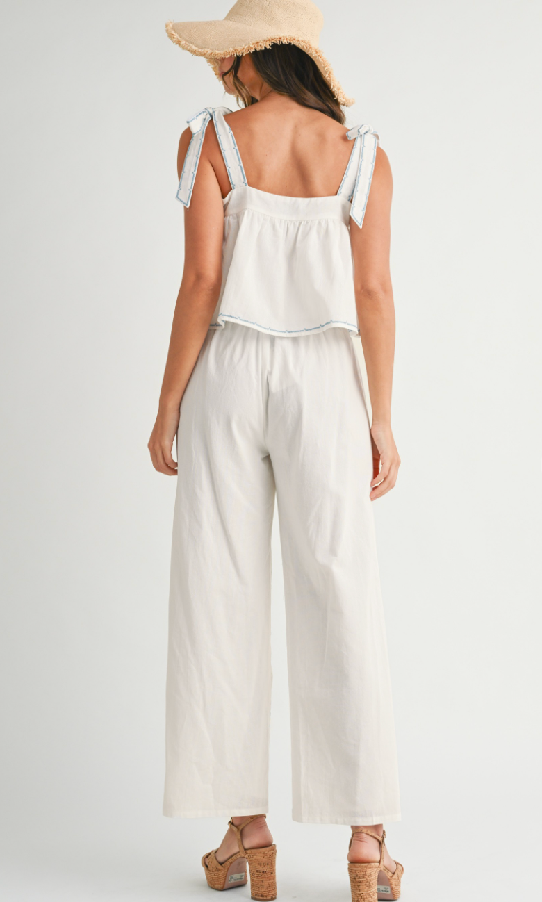 Embroidered Tie Strap Top & Pants Set of 2