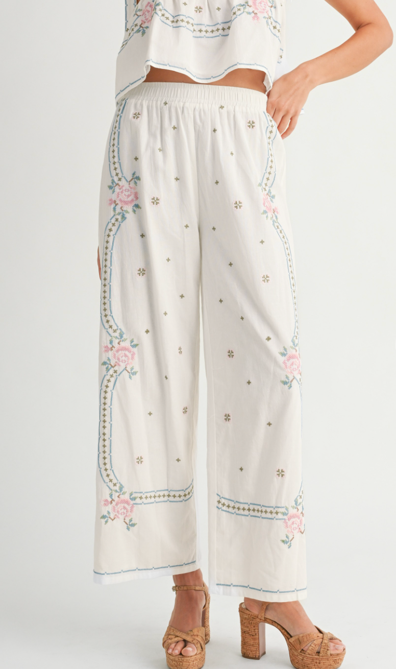 Embroidered Tie Strap Top & Pants Set of 2