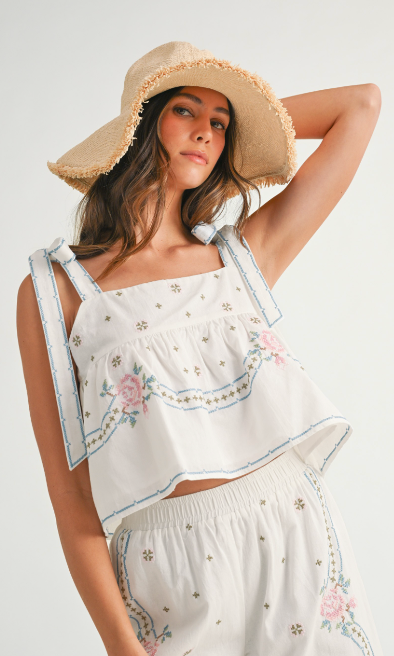 Embroidered Tie Strap Top & Pants Set of 2