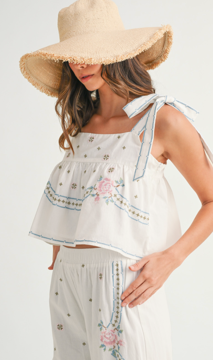 Embroidered Tie Strap Top & Pants Set of 2