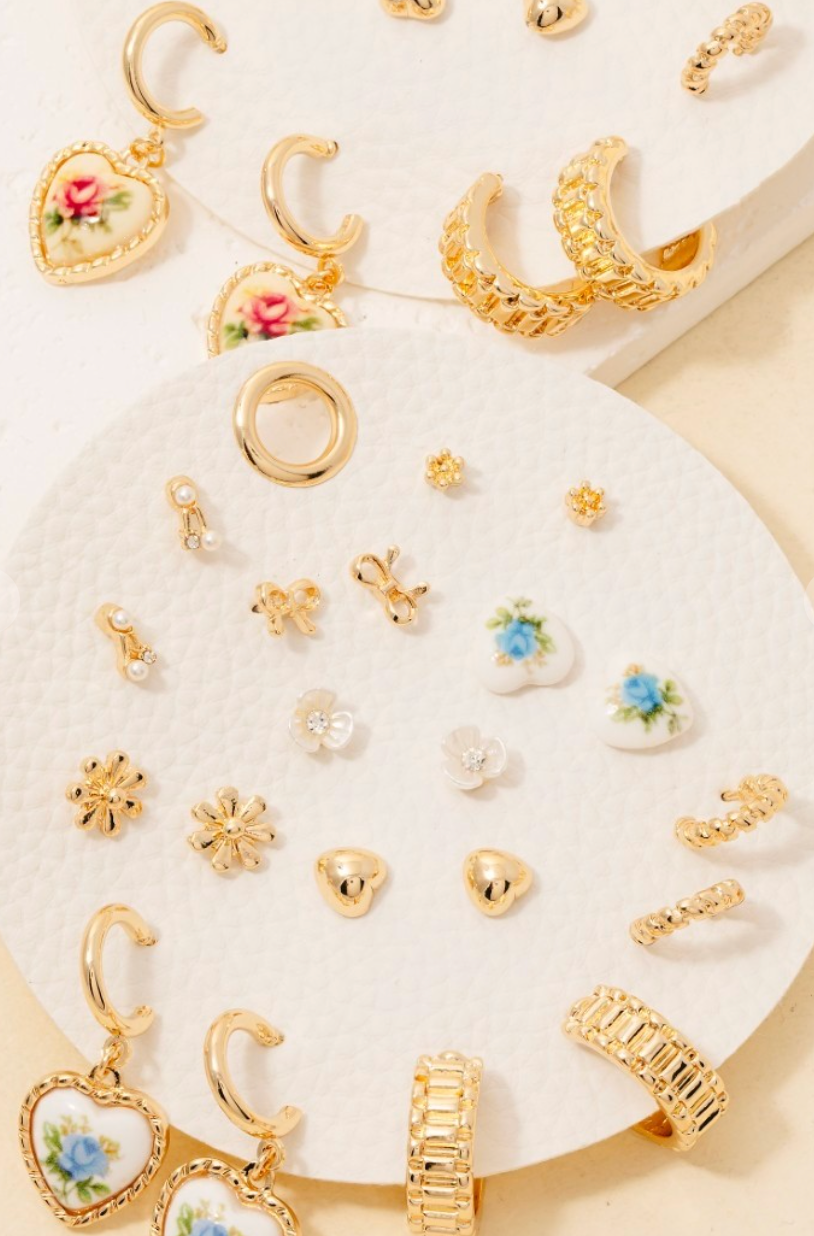 Floral Heart Stud Set Blue