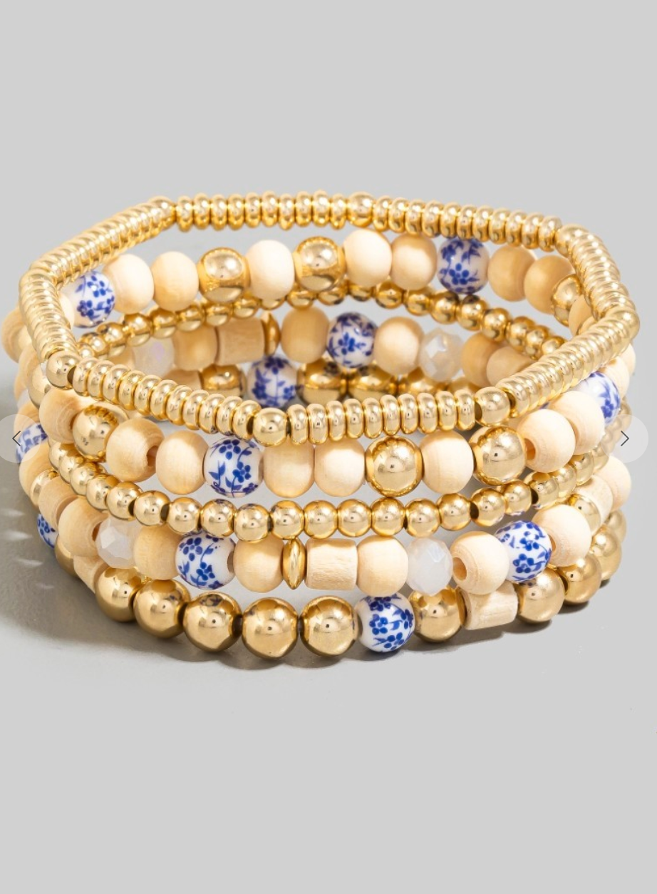 Mixed Floral Bead Bracelets Blue
