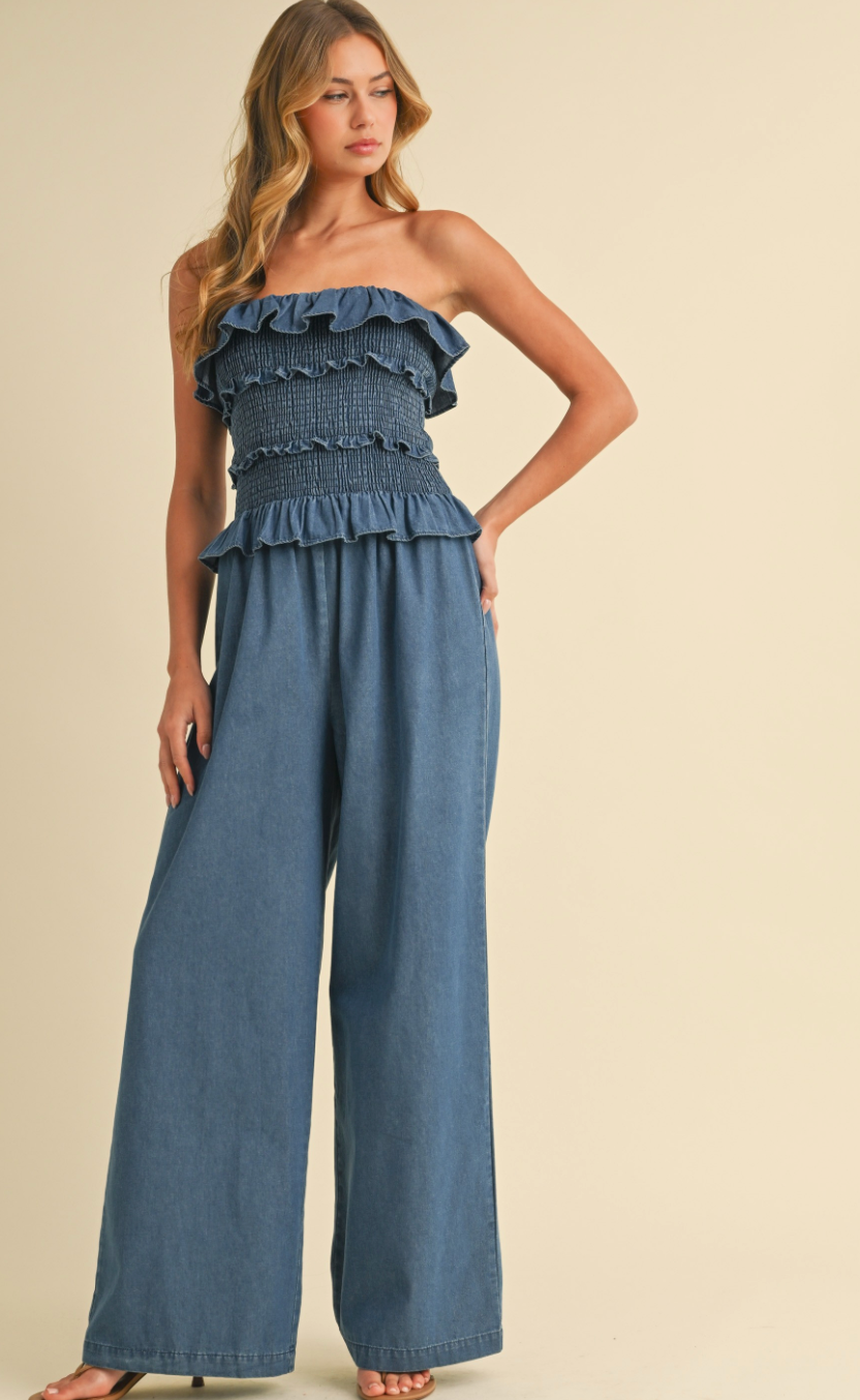 Denim Smocking Jumpsuit