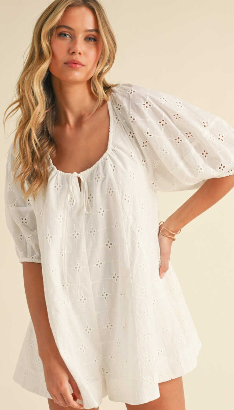Eyelet Puff Sleeve Romper White