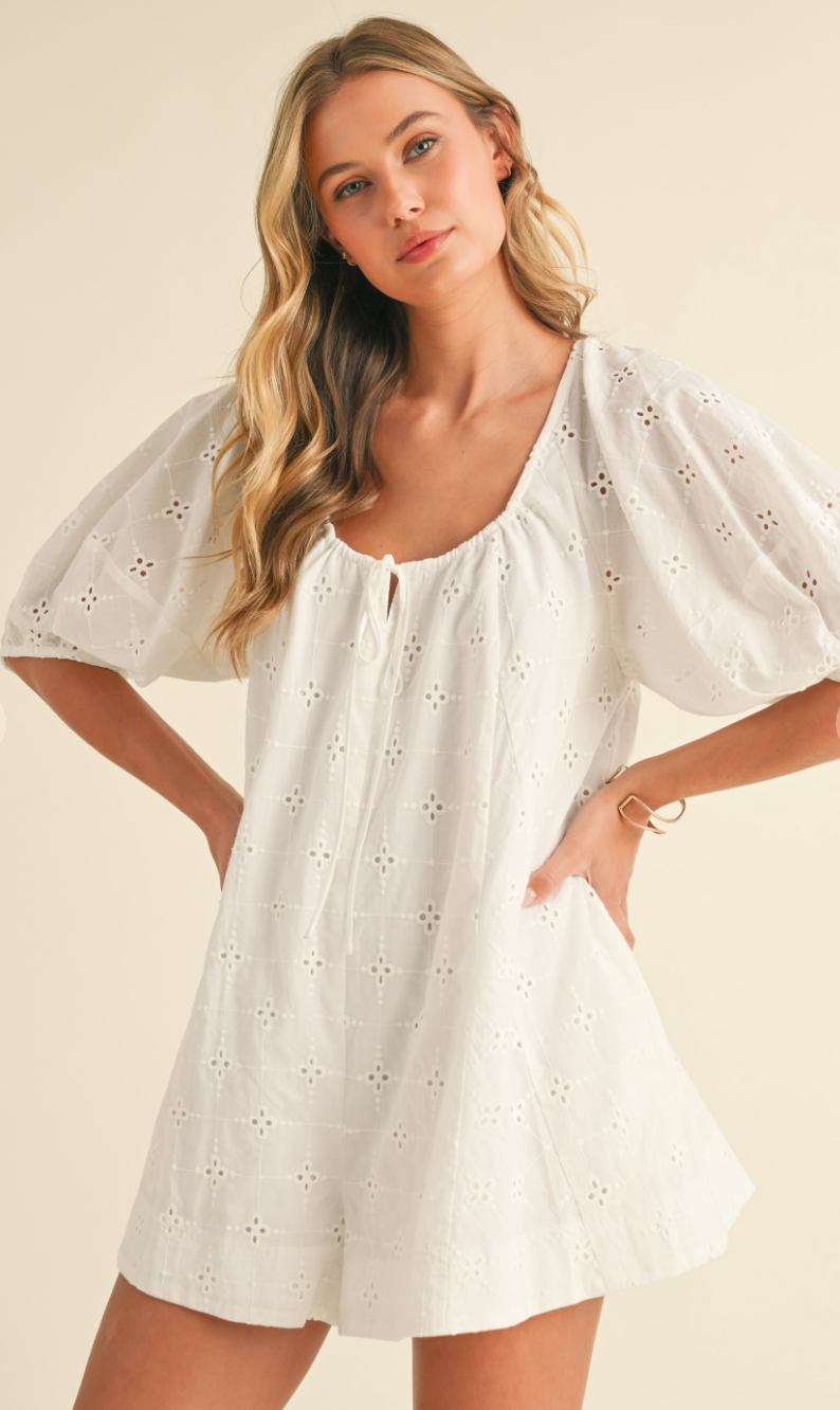 Eyelet Puff Sleeve Romper White