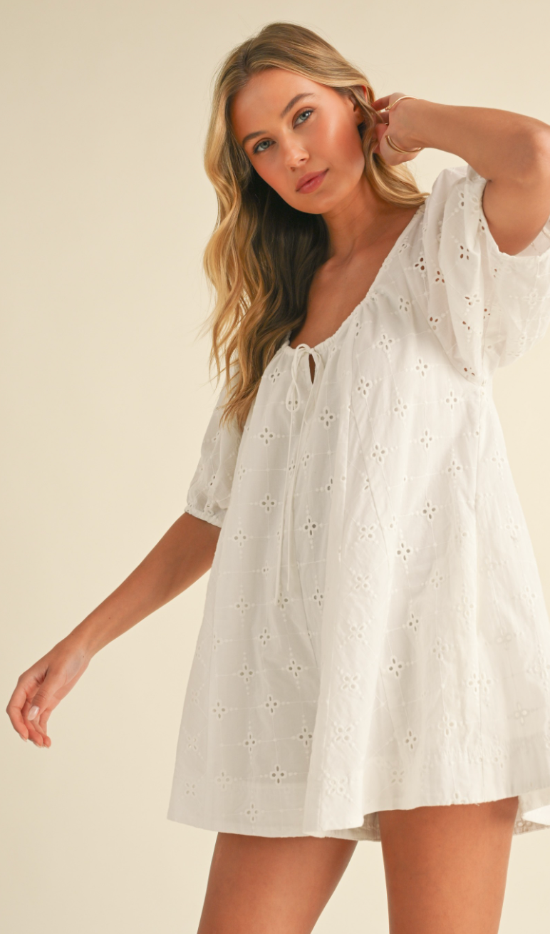 Eyelet Puff Sleeve Romper White