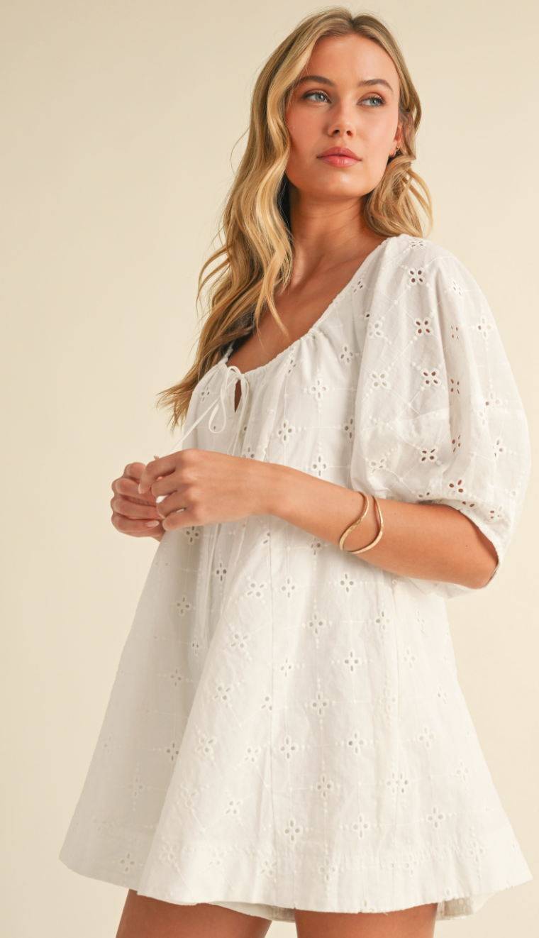 Eyelet Puff Sleeve Romper White