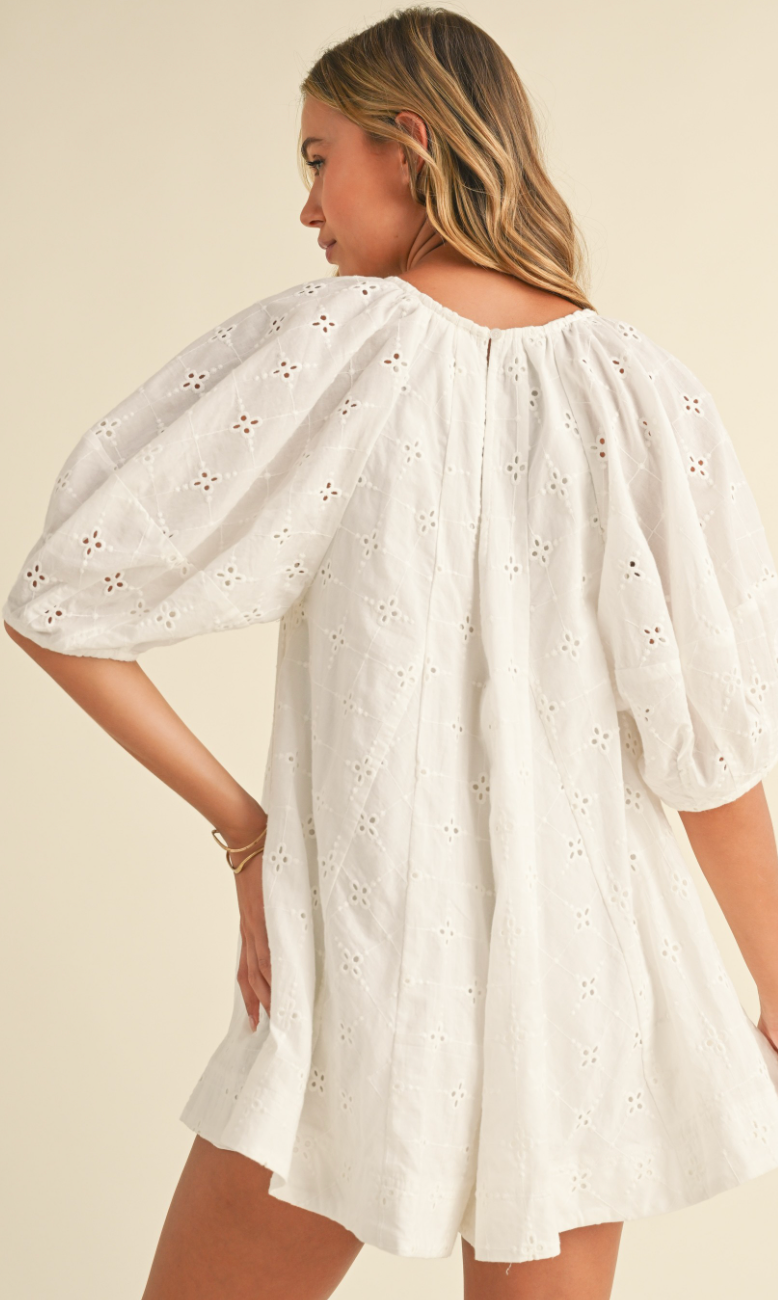 Eyelet Puff Sleeve Romper White