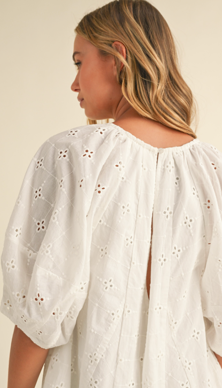 Eyelet Puff Sleeve Romper White