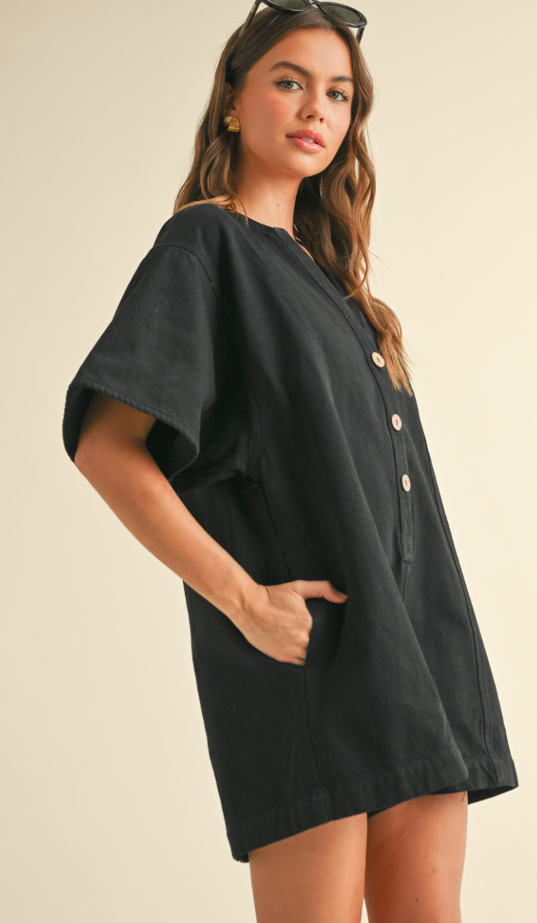 Dori Button Cotton Romper Black