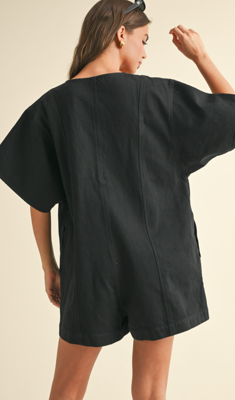 Dori Button Cotton Romper Black