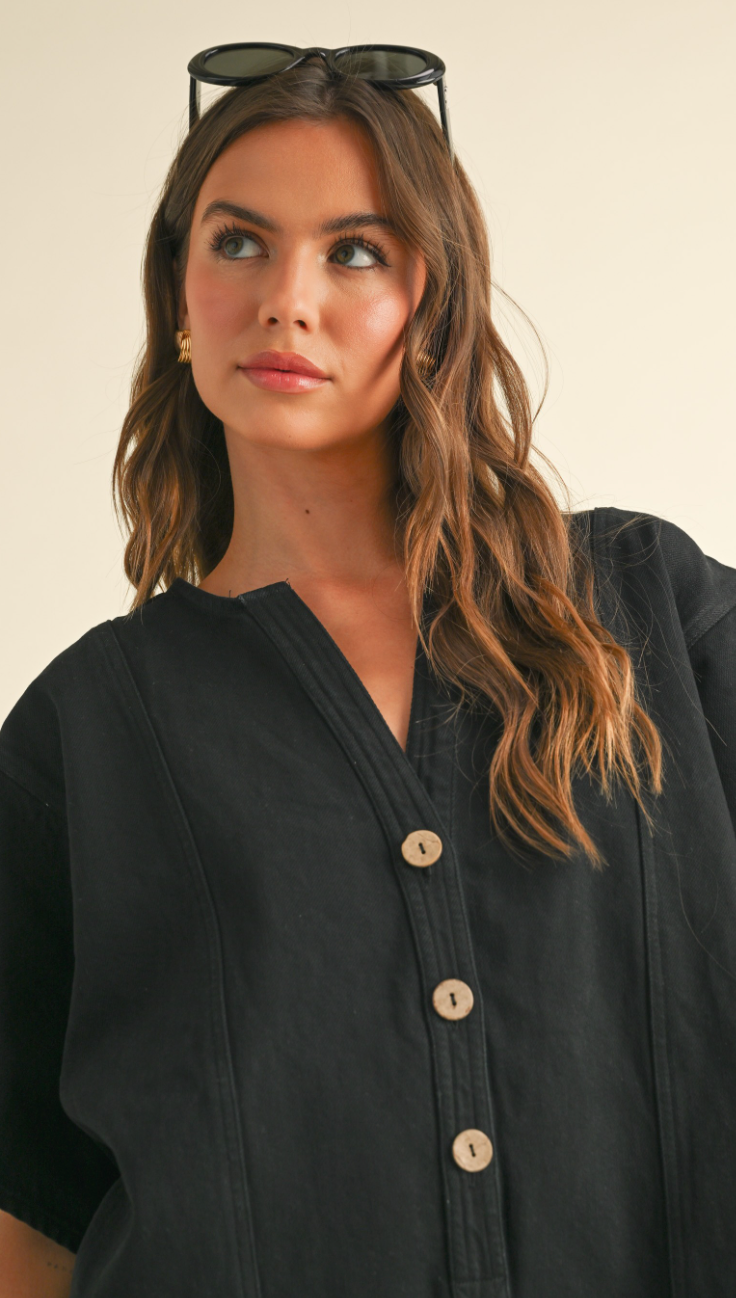 Dori Button Cotton Romper Black