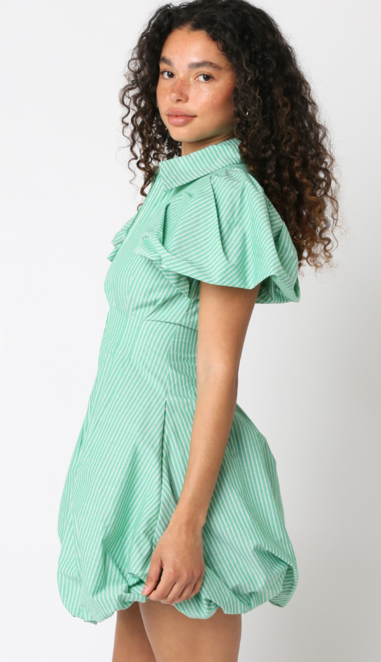 Stripe Bubble Hem Zipper Dress Green