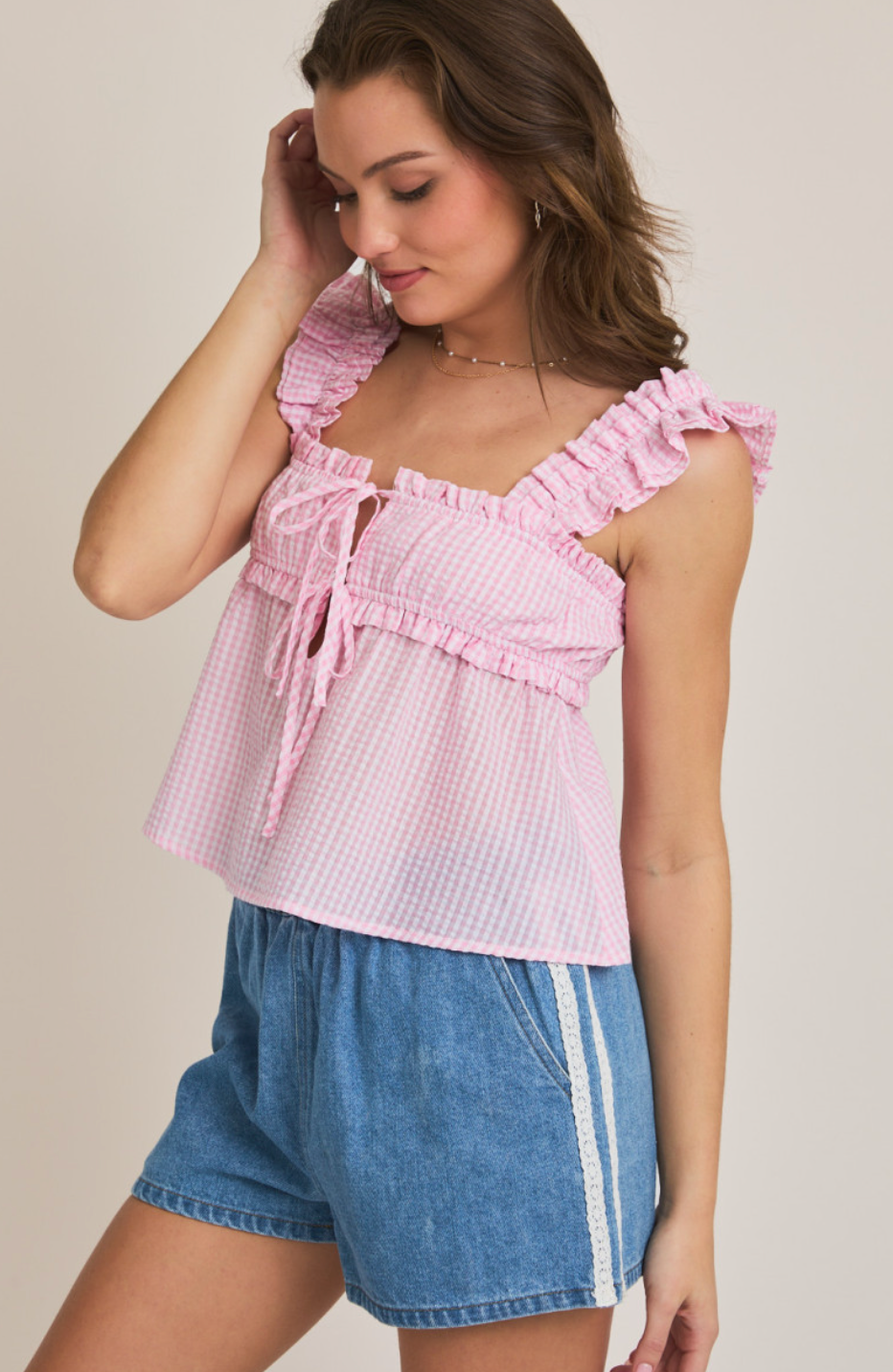 Pink Gingham Square Neck Top