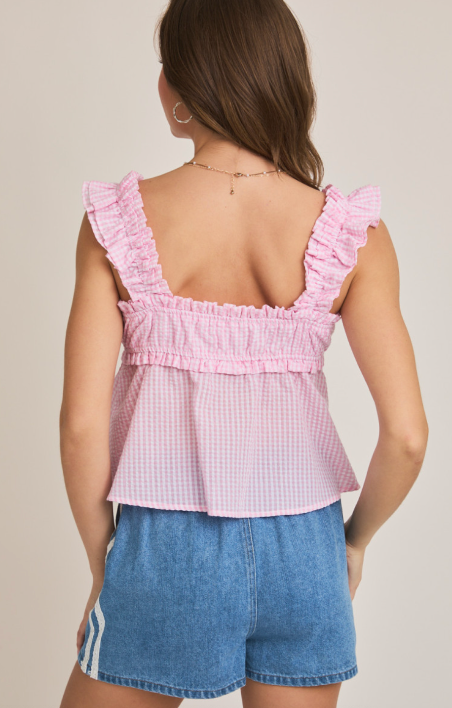 Pink Gingham Square Neck Top